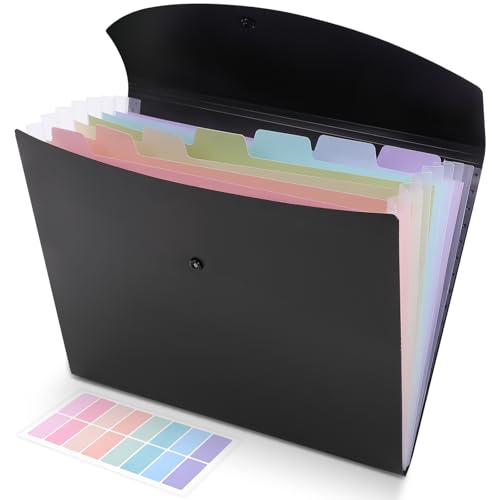 SKYDUE Cute Accordion File Organizer, Expanding File Folder with 8 Pockets, Document Organizer with Colorful Tabs for School, Office, Hospital Tax, Receipts Storage Letter/A4 Size Black - color: Black