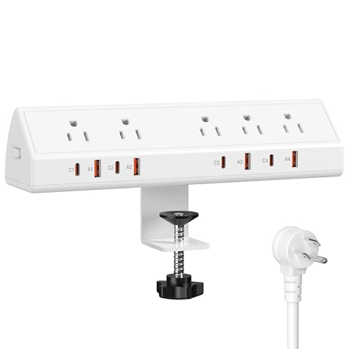 Jgstkcity Desk Clamp Power Strip USB C 65W,8 USB,10FT Cable,White | 4 USB-C Ports,Fit 1.96'' Tabletop,1875W Extension Cord,ETL Listed,Outlet Extender Desk Organizer,Office,Gaming,Dorm - color: White, size: 10 FT
