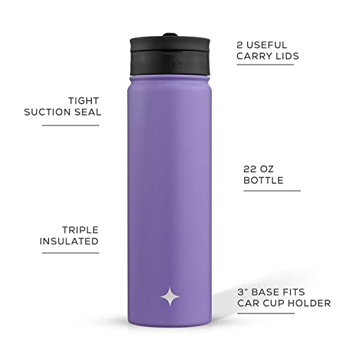 JoyJolt Triple Insulated Water Bottle with Straw Lid AND Flip Lid! 22oz Water Bottle, 12 Hour Hot/Cold Vacuum Insulated Stainless Steel Water Bottle. BPA-Free Leakproof Water Bottles - Thermos Bottle - color: Lilac Purple, size: 22 Ounces