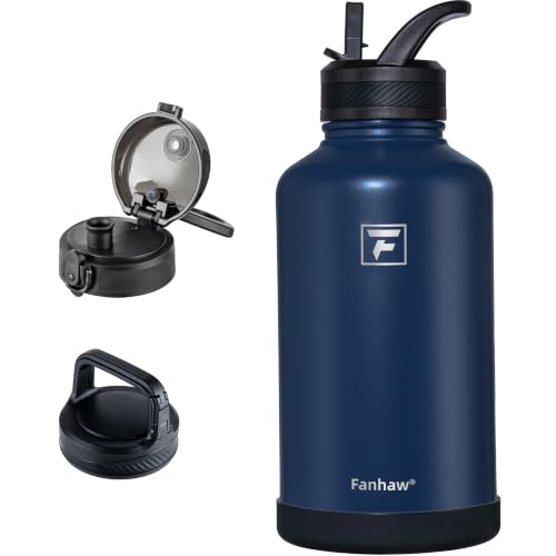 Fanhaw 64 oz Insulated Water Bottle – Large Stainless Steel Jug with 3 Lids (Straw, Chug, Carabiner) | Heavy-Duty, for Camping, Backpacking, Long Hikes & Outdoor Work (Navy Blue) - color: Navy Blue, size: 64 Ounces