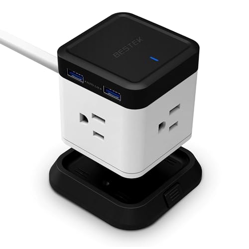 BESTEK Power Strip with USB, Multiple Plug with 3 Outlets 4 USB, 5 ft Extension Cord,Flat Plug Surge Protector Tower,Power Delivery Charging for Dorm Rooms,Home,Office Charging Station - color: black_white