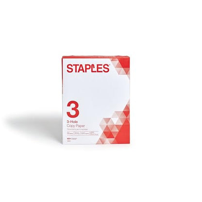 Staples 8.5" x 11" 3-Hole Punched Copy Paper, 20 lbs., 92 Brightness, 500/Ream - size: 500 Sheets, style: 3-Hold Punched