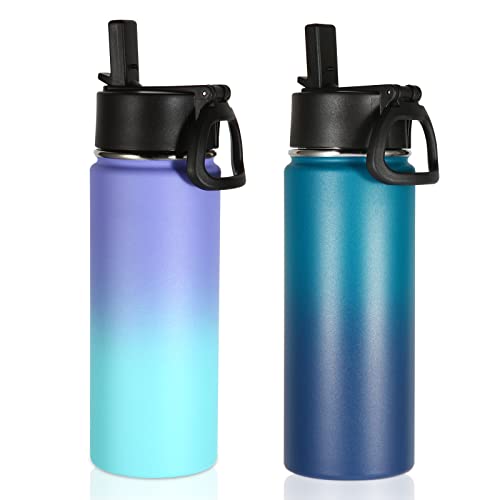Volhoply 18oz Insulated Water Bottle Bulk 2 Pack,Kids Stainless Steel Water Bottles with Straw,Wide Mouth Reusable Metal Bottle,Double Wall Vacuum Sports Flask For Cold Drink(Assorted,2 Set) - color: Assorted
