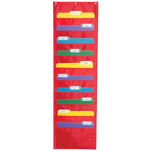 Carson Dellosa 14" x 47" Red Hanging File Folders Storage Pocket Chart, 10 Pocket Paper Organizer for Games, Teacher Supplies for Homeschool, Classroom and Office Organization - color: Red