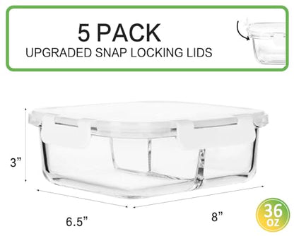 M MCIRCO [5-Pack,36 oz] Glass Meal Prep Containers 3 Compartment with Lids, Glass Lunch Containers,Food Prep Lunch Box,Bento Box, Microwave, Oven, Freezer, Dishwasher (4.5 Cups, White) - color: White