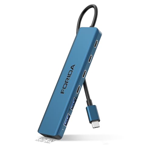 FORIDA 7-Port USB C Hub 10Gbps, 4-Port USB 3.2 Multiport Data Adapter for Laptop, Type-C Pass-Through Charging Port, 2 USB 2.0, USB-C Extender Compatible with MacBook, Surface Pro, XPS and More - color: Blue, size: 7 In 1
