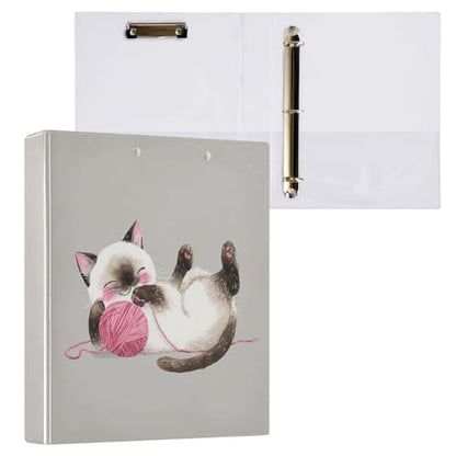 Fustylead Playful Siamese Cat 3 Ring Binder, D-Rings 1.5" Hardcover Folder, Fits 200 Sheets of A4 Paper, Durable Clipboard & Clean View with Inside Pockets for School Home Office - size: 12.4x10.63x2.36 Inch-1 Pack