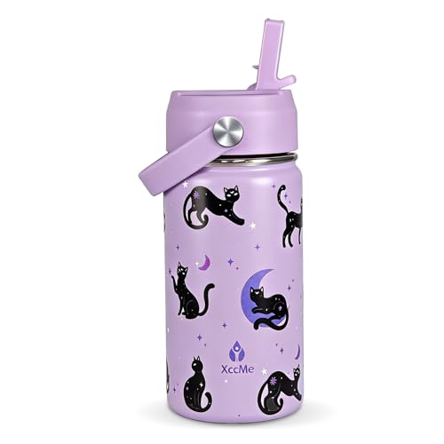 14oz Cat Kids Water Bottle With Straw Lid,Stainless Steel Travel Bottle,Double Wall Leak Proof & BPA-FreeKids Cup,Insulated Tumbler for Toddlers,Metal Bottle for School Boys Girls - color: Cat, size: 14 Ounces