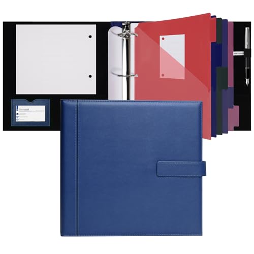 POPRUN 2 Inch PU Leather Portfolio Binder, Letter Size, Blue | 2" Ring, Letter Size, PU Leather, Dividers, Document Organizer, Business, Meetings, Office - color: Blue, size: 2 inch
