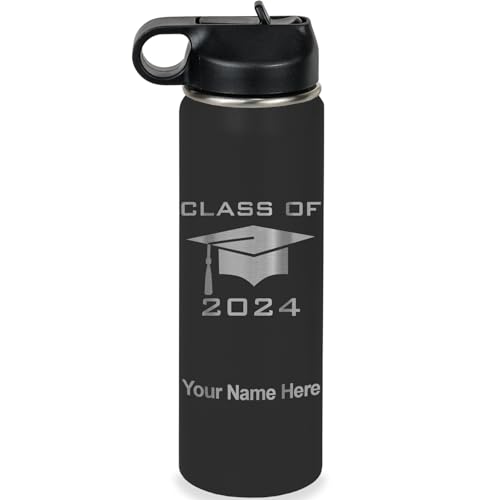 LaserGram Personalized Water Bottle, Grad Cap Class of 2023, 2024, 2025, 2026, 2027, Stainless Steel Double Wall Vacuum Insulated with Flip Top Straw, Custom Engraved Gift (20oz / 590ml Black) - color: Black, size: 20 Ounces