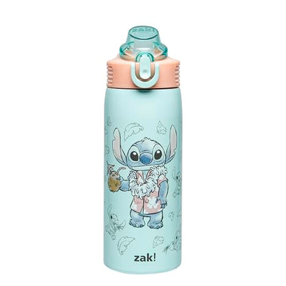 Zak Designs Disney Stitch Sage 19oz Leak-Proof Straw Kids Water Bottle | BPA Free, Insulated Stainless Steel, Cupholder Friendly, Dishwasher Safe, Lid Lock, Handle, For School, Home, Travel - color: Stitch (Sage)
