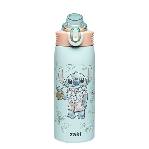 Zak Designs Disney Stitch Sage 19oz Leak-Proof Straw Kids Water Bottle | BPA Free, Insulated Stainless Steel, Cupholder Friendly, Dishwasher Safe, Lid Lock, Handle, For School, Home, Travel - color: Stitch (Sage)
