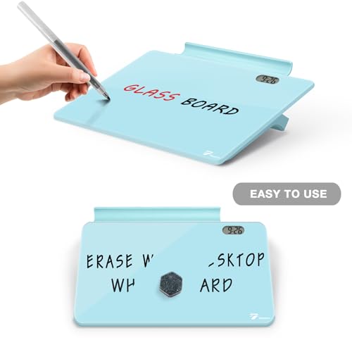 Small Glass Desk Whiteboard Dry-Erase Board with Clock, Small Travel Clock Keychain with Desk Notepad, Time Table Whiteboard for Desk Digital LED Light Display, 8x6 in with Accessories, Aqua Blue - color: Teal Blue With Clock
