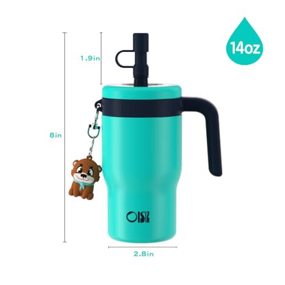 OISIZ 14oz Kids Tumbler with Straw Lid & Handle,Kids Cup with Animal Accessory for School,Kids Water Bottles with Dust-proof Cover,Leakproof Bottles,316 Stainless Steel,Keep Cold 24 Hours-dark green - color: grassland green