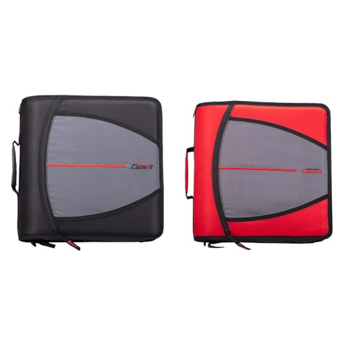 Case-it Mighty Zip Tab Zipper Binder with 5-Color Tabs, Expanding File Folder, Shoulder Strap and Handle, 600 Sheet Capacity, 3 Inch O-Rings, Jet Black and Fire Engine Red