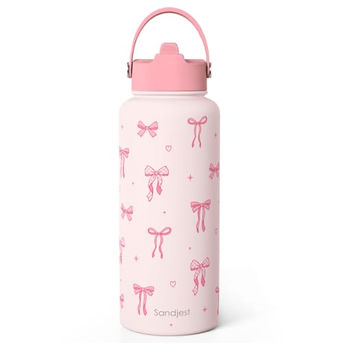 SANDJEST Coquette Bow Gift for Women, Water Bottle Stainless Steel 32oz with Lid & Straw, Pink Bows Aesthetic Insulated Bottles Gifts for Girls Friends Teens Birthday Christmas - color: Bow