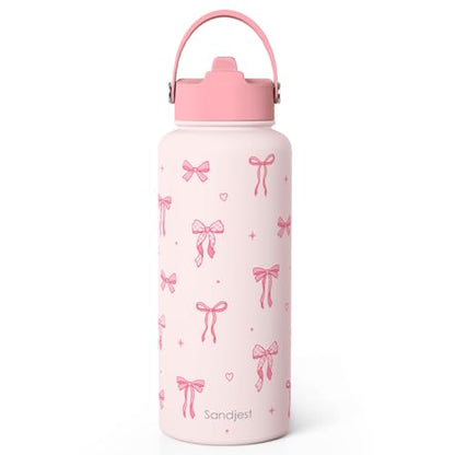 SANDJEST Coquette Bow Gift for Women, Water Bottle Stainless Steel 32oz with Lid & Straw, Pink Bows Aesthetic Insulated Bottles Gifts for Girls Friends Teens Birthday Christmas - color: Bow