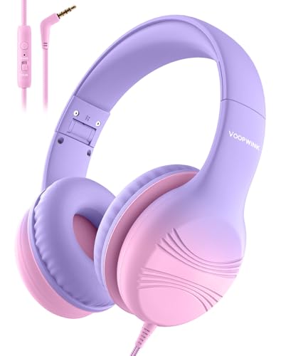 Voopwink Kids Headphones, Wired Headphones for Kids with Microphone 85/94dB Volume Limit, Stereo Sound Portable Over Ear Headphones for School/Travel/Tablet/iPad, Violet Pink - color: Violet Pink, size: Plug 3.5mm