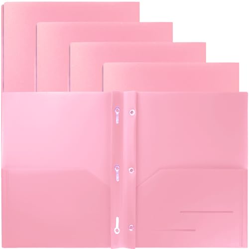 Youngever 6 Pack Heavy Duty Plastic Two Pocket Folders with 3 Prongs, Metal Prongs Fastener, Heavy Duty Plastic 2 Pocket Folder (Pink) - color: Pink