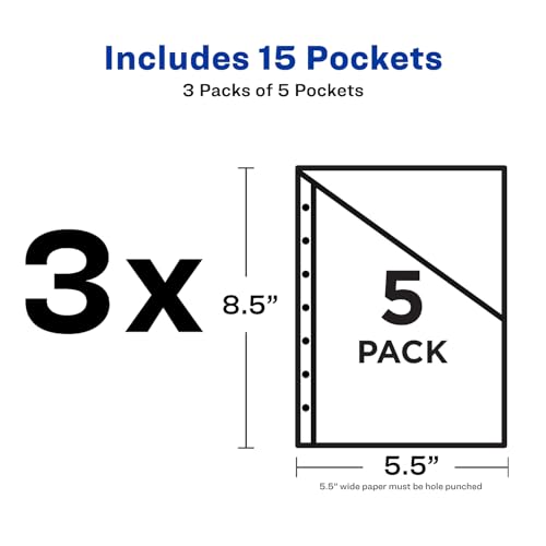 Avery 75307 Small Binder Pockets, Standard, 7-Hole Punched, Assorted, 5 1/2 x 9 1/4, 5/Pack