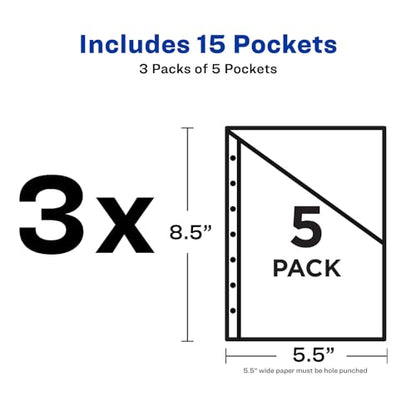 Avery 75307 Small Binder Pockets, Standard, 7-Hole Punched, Assorted, 5 1/2 x 9 1/4, 5/Pack