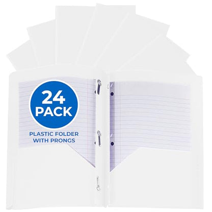 24 Pack White Plastic Folders with Pockets Heavy Duty. 2 Pocket Folder with Prongs Bulk. Tear-Resistant Letter Size 8.5x11. Presentation Ready School and Office Supplies - color: White, style: With Prongs