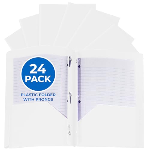 24 Pack White Plastic Folders with Pockets Heavy Duty. 2 Pocket Folder with Prongs Bulk. Tear-Resistant Letter Size 8.5x11. Presentation Ready School and Office Supplies - color: White, style: With Prongs