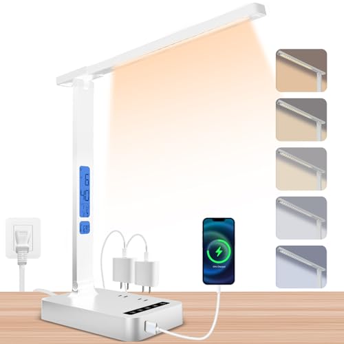 snsok Smart Desk Lamp with Dual USB Charging (Type-C/USB-A) & 2 AC Outlets, Digital Clock, Temperature Display, 5 Color Modes, 5 Brightness, Adjustable - for Office, Bedroom, Dorm Room, Study - color: White Pro, size: Tall Version -16.73 inch