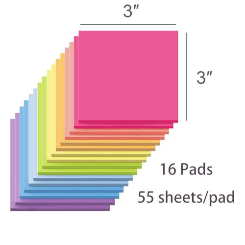 (16 Pack) Sticky Notes 3x3, Self-Stick Pads Bright Colors Sticky Note, Recyclable, Easy to Stick for Home, Office, Notebook