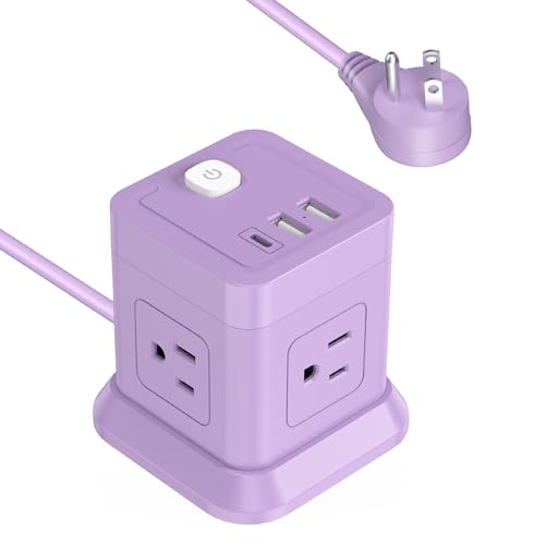 Cube Power Strip, FDTEK 4 Widely Spaced Outlet with 3 USB (1 USB C) Flat Plug Power Strips with Long Extension Cords Space Save Compact Portable for Travel Home Office Cruise ETL Listed (10FT Purple) - color: Purple, size: 10FT
