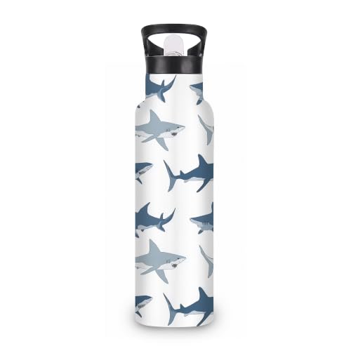 Insulated Water Bottle,Sharks 20 oz Stainless Steel Water Bottles with Straw Lid,Wild Fish Leak Resistant Double Insulated Flask with Handle,Fits Cup Holder,Keeps Drinks Cold - color: Sharks,Wild Fish