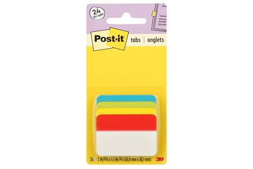 Post-it Sticky Tabs, 2 in. x 1.5 in., 4 Pads of Book Tabs in Assorted Primary Colors for Bookmarking, Annotating, Reading, and Reminders, Blue, Green, Yellow, and Red Colors (24 Total Count) - color: Multi-color, size: 2 in x 1.5 in