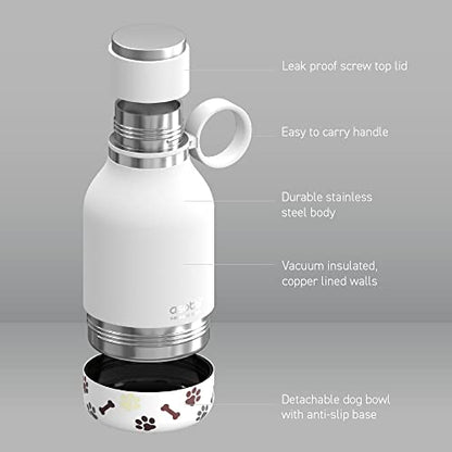 asobu Buddy Bottle, a Stainless Steel Insulated Water Bottle with Removable Dog Water Bowl and Dog Food and Treat Storage plate (White, 37 oz Water Bottle with 2 Bowls) - color: White