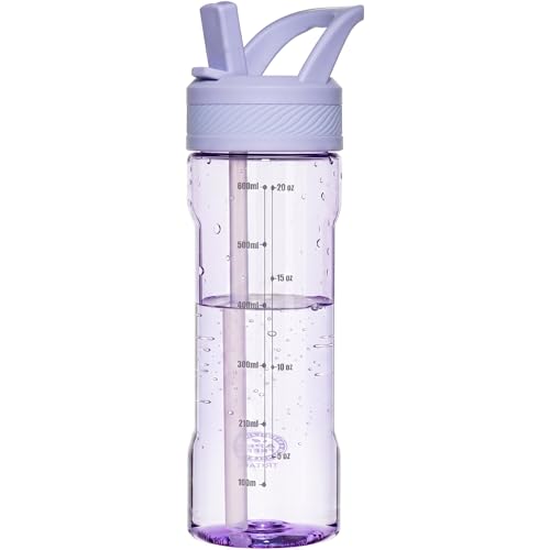 OLDLEY 20oz Kids Water Bottle with Straw, BPA-Free Tritan Water Bottle for School, Leakproof Clear Water Bottle with One Click Open, Measurement Scale, Cup Holder Friendly for Boys Girls,Purple - color: Purple