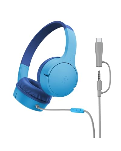 Belkin SoundForm Mini Kids Wired Headphones w/USB C to 3.5mm Dongle, Built-in Mic & Fun Stickers, 85dB Max Volume – for Online Learning, Travel, Compatible w/iPhone 16, iPad, Galaxy S25, etc - Blue - color: Blue, style: Wired (USB-C)
