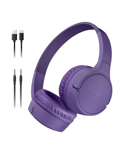 Belkin SoundForm Mini - Wireless Bluetooth Kids Headphones, 30H Battery, 85dB Safe Volume Limit, Built-In Microphone - Toddler On-Ear Earphones for iPhone, iPad, Fire Tablet, Ideal for School - Purple - color: Purple, style: Wireless (USB-C)