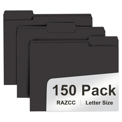 File Folder, RAZCC 150 Pack 1/3 Cut Tab File Folders Letter Size, Black Folders for Dcouments, Folders with Tab Great for Organizing and Easy File Storage - color: Black