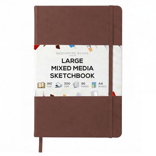 Beechmore Books Heavyweight Mixed Media Sketchbook - A4 8.5"x11" 300 GSM 48 Pages, Hardcover Lay-Flat Professional Journal for Painting, Acrylics and Wet Media - color: Chestnut Brown, size: A4 - 8.5" x 11.5" Large