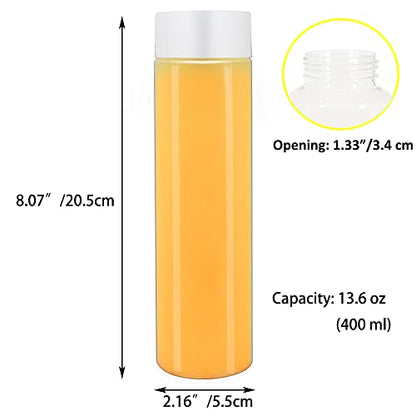 zmybcpack 12 Pack 13.6 OZ (400 ml) Clear PET Plastic Juice Bottles With White Caps- - Plastic Smoothie Bottles-Reusable Bulk Beverage Containers with Lids For Juice, Milk and Other Beverage - size: 13.6 OZ 12 pack (white lids)
