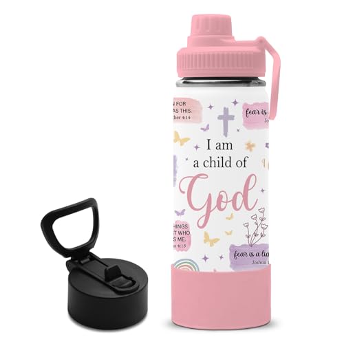 Christian Gifts for Women - 18oz Child of God Water Bottle with 2 Lid, Pink Stainless Steel Insulated Water Bottle, Leak Proof, BPA-Free, Animals Cup for School, Travel, Gift Cup for Teens Women - color: Pink God