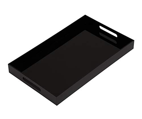 Glossy Black Sturdy Acrylic Serving Tray with Handles-12x20Inch-Serving Coffee,Appetizer,Breakfast,Butler-Kitchen Countertop Makeup Drawer Organizer-Vanity Table Ottoman Decorative Tray - color: Glossy Black, size: 20" x 12" x 2"