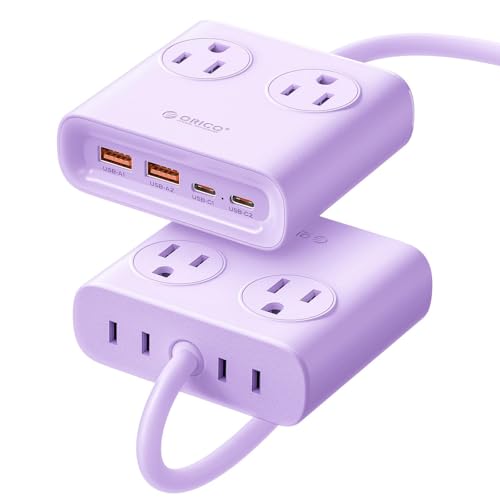 ORICO Power Brick, 25W GaN Power Strip, 8 in 1 Extension Cord with 4 AC Outlets and 2 USB-A and 2 USB-C Ports, 5ft Flat Plug Purple Outlet Extender for Home/Dorm/Travel ETL Listed-PDC (1 PC) - color: Purple（25W)