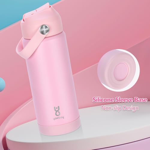 18oz Kids Insulated Water Bottle with Straw Lid & Silicone Handle,Kids Leak Proof Water Bottle for School Boys Girls,Double Wall Vacuum Stainless Steel with Non-slip Silicone Base(LightPink) - color: Light Pink, size: 18 Ounces