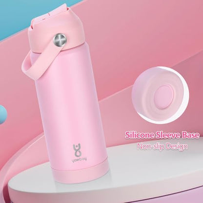 18oz Kids Insulated Water Bottle with Straw Lid & Silicone Handle,Kids Leak Proof Water Bottle for School Boys Girls,Double Wall Vacuum Stainless Steel with Non-slip Silicone Base(LightPink) - color: Light Pink, size: 18 Ounces