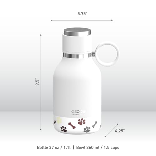 asobu Buddy Bottle, a Stainless Steel Insulated Water Bottle with Removable Dog Water Bowl and Dog Food and Treat Storage plate (White, 37 oz Water Bottle with 2 Bowls) - color: White