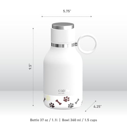 asobu Buddy Bottle, a Stainless Steel Insulated Water Bottle with Removable Dog Water Bowl and Dog Food and Treat Storage plate (White, 37 oz Water Bottle with 2 Bowls) - color: White