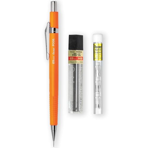 Pentel P205-97C Mechanical Automatic Pencil - Fluorescent Range - Single + 12 Hi-Polymer HB 0.5mm Refill Leads + Z2-1N Eraser Refills Tube of 4 (Fluorescent Orange) - color: Fluorescent Orange
