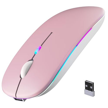 Wireless Bluetooth Mouse, Rechargeable, LED, Silent, Ultra-thin Design (Bluetooth 5.2 and 2.4GHz USB Receiver) | Portable Computer Mouse for Laptops, iPads, MacBooks and Apple Devices (Pink) - color: Pink