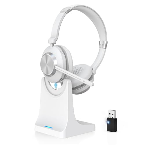Wireless Headset with Mic for Work, Bluetooth Headphone with Microphone, AI Noise Canceling Mic & Mute, Wireless Headset with USB Dongle & Charging Dock for PC/Cell Phones/Call Center/Teams