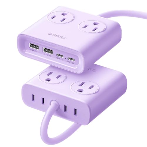ORICO GaN 8-in-1 Power Strip with 4 AC Outlets, 2 USB-C 2 USB-A Ports, 45° Flat Plug, 5ft Extension Cord, Compact Desktop Charging Station for Cruise, Travel, Home Office, ETL Listed (1 Pack) - color: Purple（15W)
